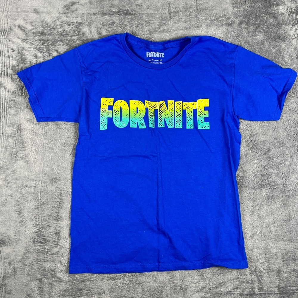 Fortnite T-Shirt Boys Medium 10/12 Blue Yellow Gradient Logo Short Sleeve Tee